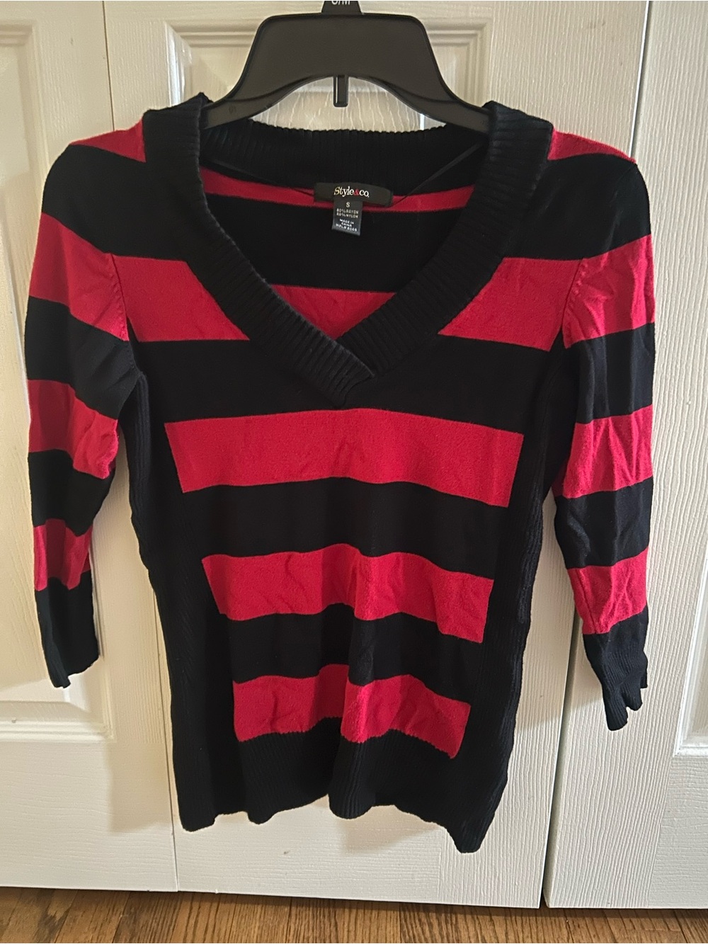 Style & Co. Black and Red Wide-Stripe V‑Neck Sweater